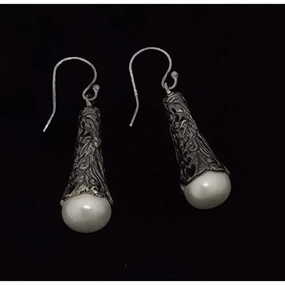 Vintage Sterling Silver Bali Balinese Pearl Dangle Drop Earrings 1.5